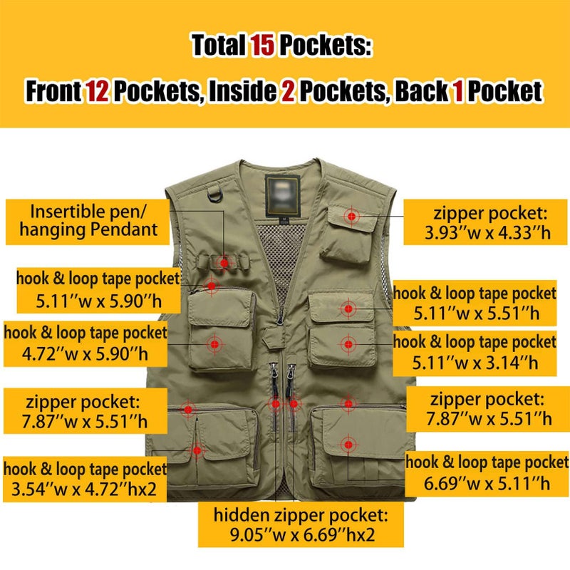 Flygo Men's Casual Lightweight Outdoor Fishing Work Safari Travel Photo Cargo Vest Jacket Multi Pockets(XX-Large, Khaki) - Image 2